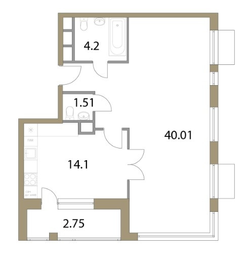 Двухкомнатная квартира 61.6 м²