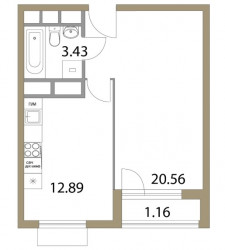 Однокомнатная квартира 38.04 м²