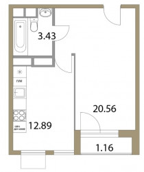 Однокомнатная квартира 38.04 м²